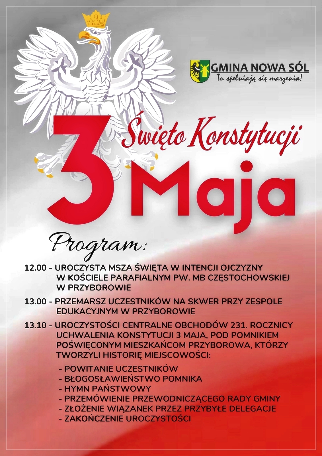 Biało czerwony plakat z programem obchodów Święta Konstytucji 3 Maja
