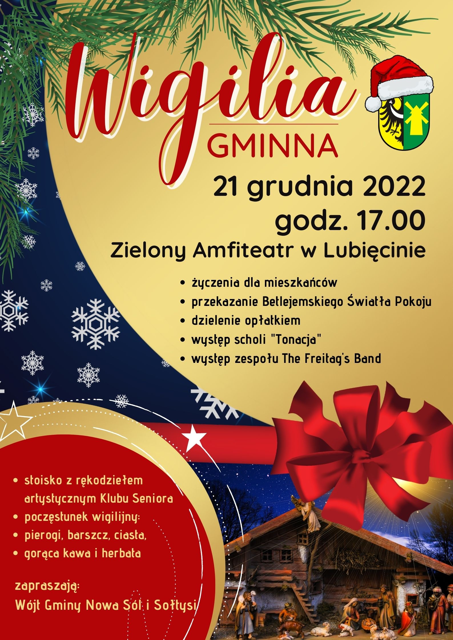 plakat promujący wigilię gminną w Zielonym Amfiteatrze w Lubięcinie