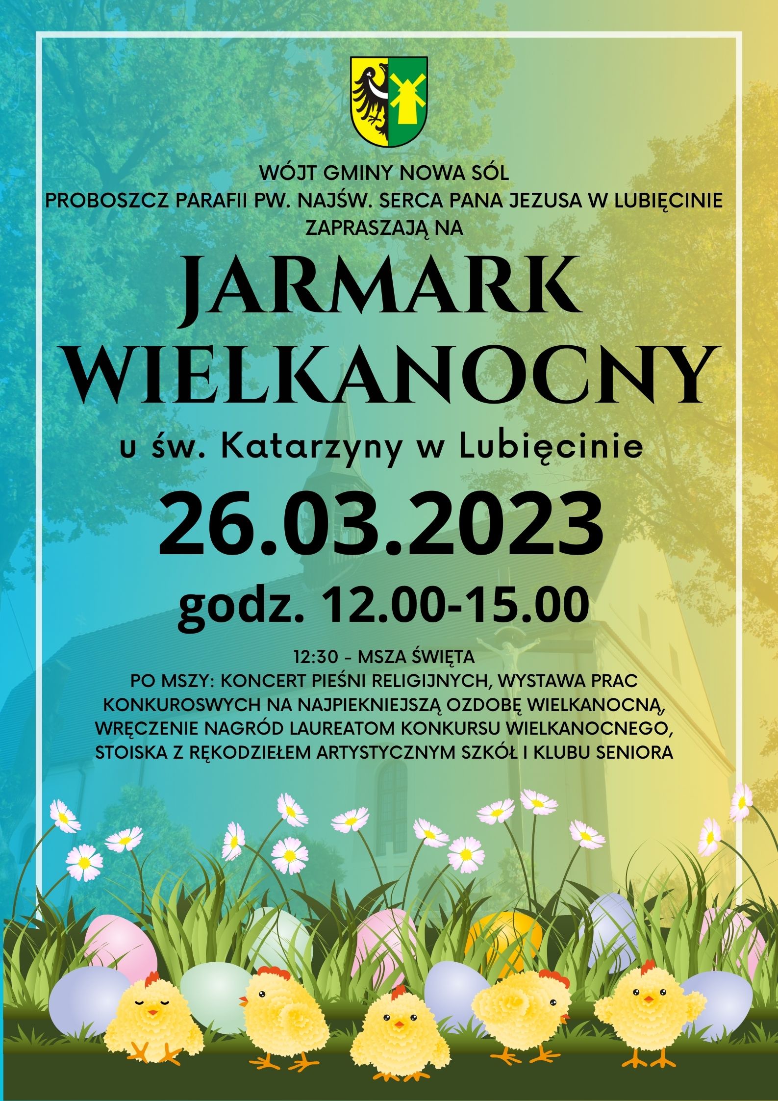 plakat z programem jarmarku przy kościele św. Katarzyny w Lubięcinie