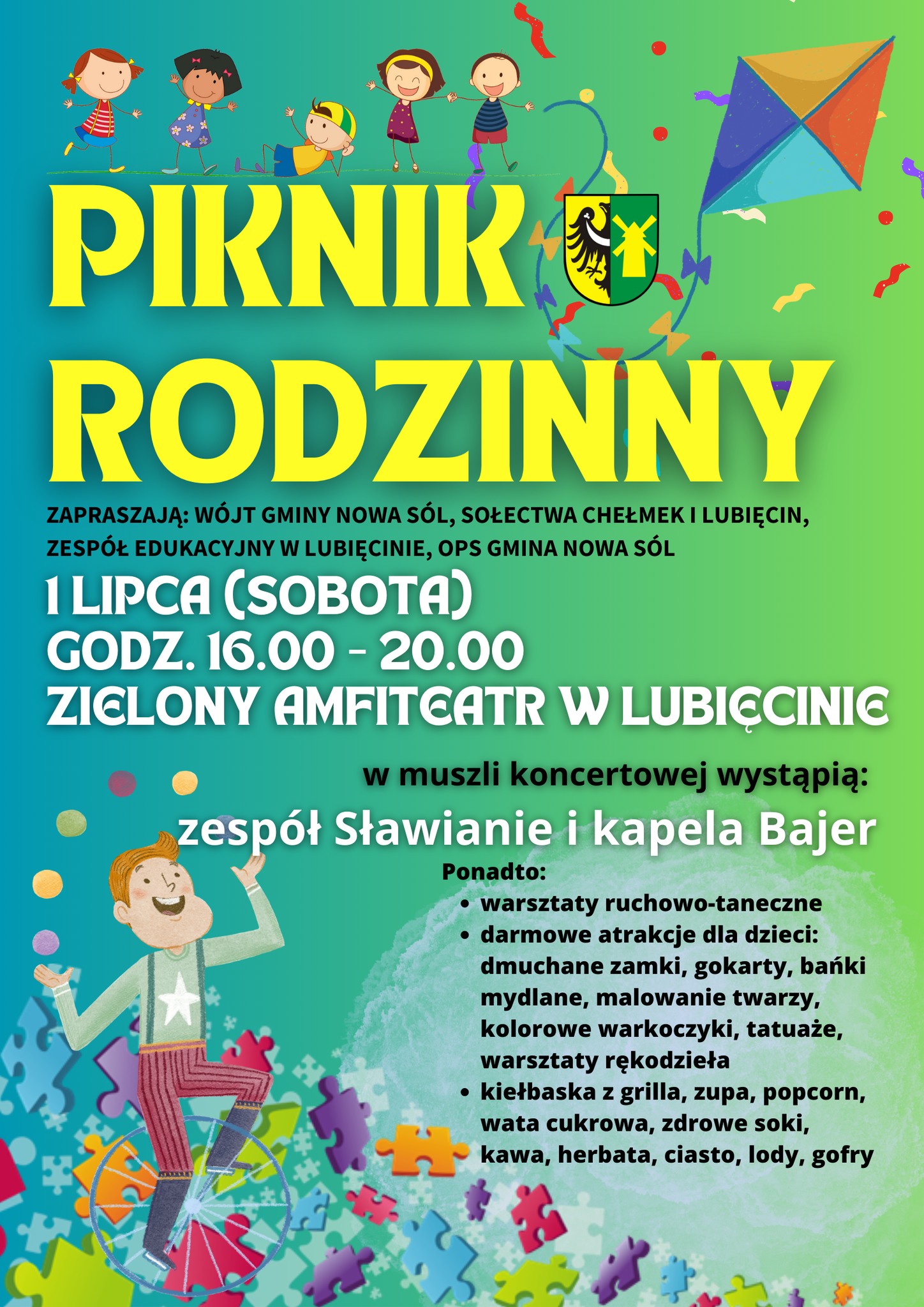 Plakat informujący o Pikniku rodzinnym w Lubięcinie.